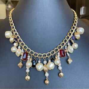 Vintage Signed Korea Oval Link Gold Tone Necklace Dangle Faux Pearls 17”